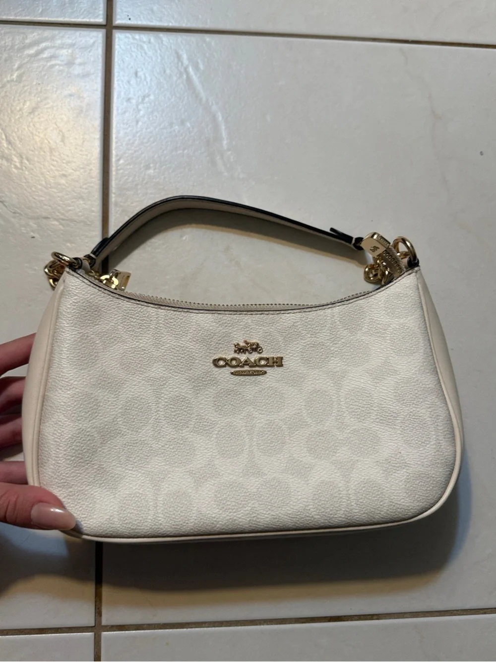 Coach Cream Signature Mini Shoulder Bag with Gold Hardware